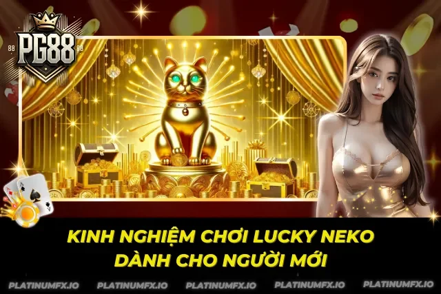 Tượng mèo trên bệ cạnh các rương kho báu và đồng xu.
